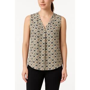 Rose And Olive Blue Pink Pattern Sleeveless VNeck Pleated Geometric Blouse Mediu